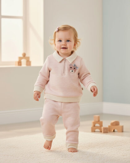 Kız Bebek Pembe Fermuar Detaylı Eşofman Takımı