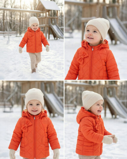 Kız Çocuk Kiremit Renk Kapüşonlu Kışlık Mont