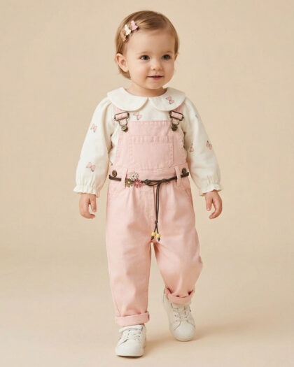 Kız Bebek Pembe Bebe Yaka Gömlekli Kemer Detaylı 2li Salopet Takım
