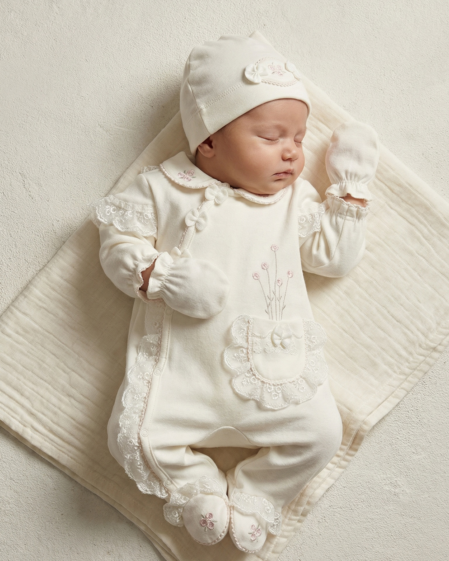 Baby Girl’s Lace-Detail Romper Set with Hat and Mittens