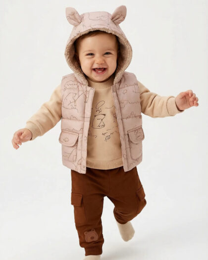 Erkek Bebek Kapüşonlu Peluş Yelekli 3'lü Takım