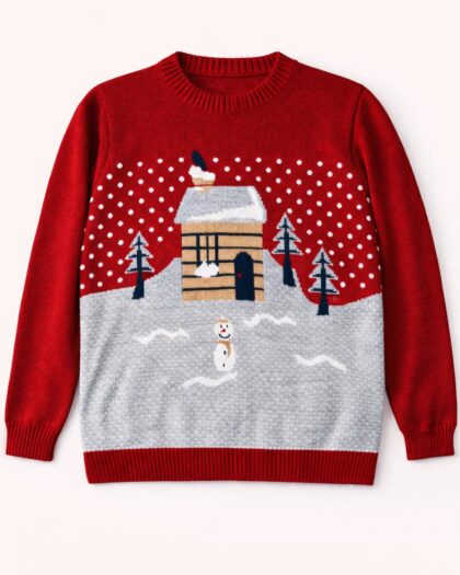 Çocuk Yılbaşı Desenli Kırmızı Triko Kazak
