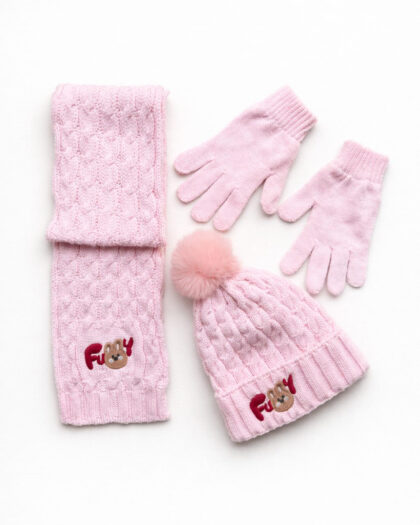 Kız Çocuk 3'lü Bere Eldiven Atkı Seti - Pembe- 4-8 Yaş