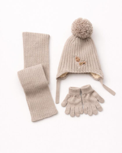 Erkek Çocuk 3'lü Şapka Bere Eldiven Seti - Vizon- 1-4 Yaş