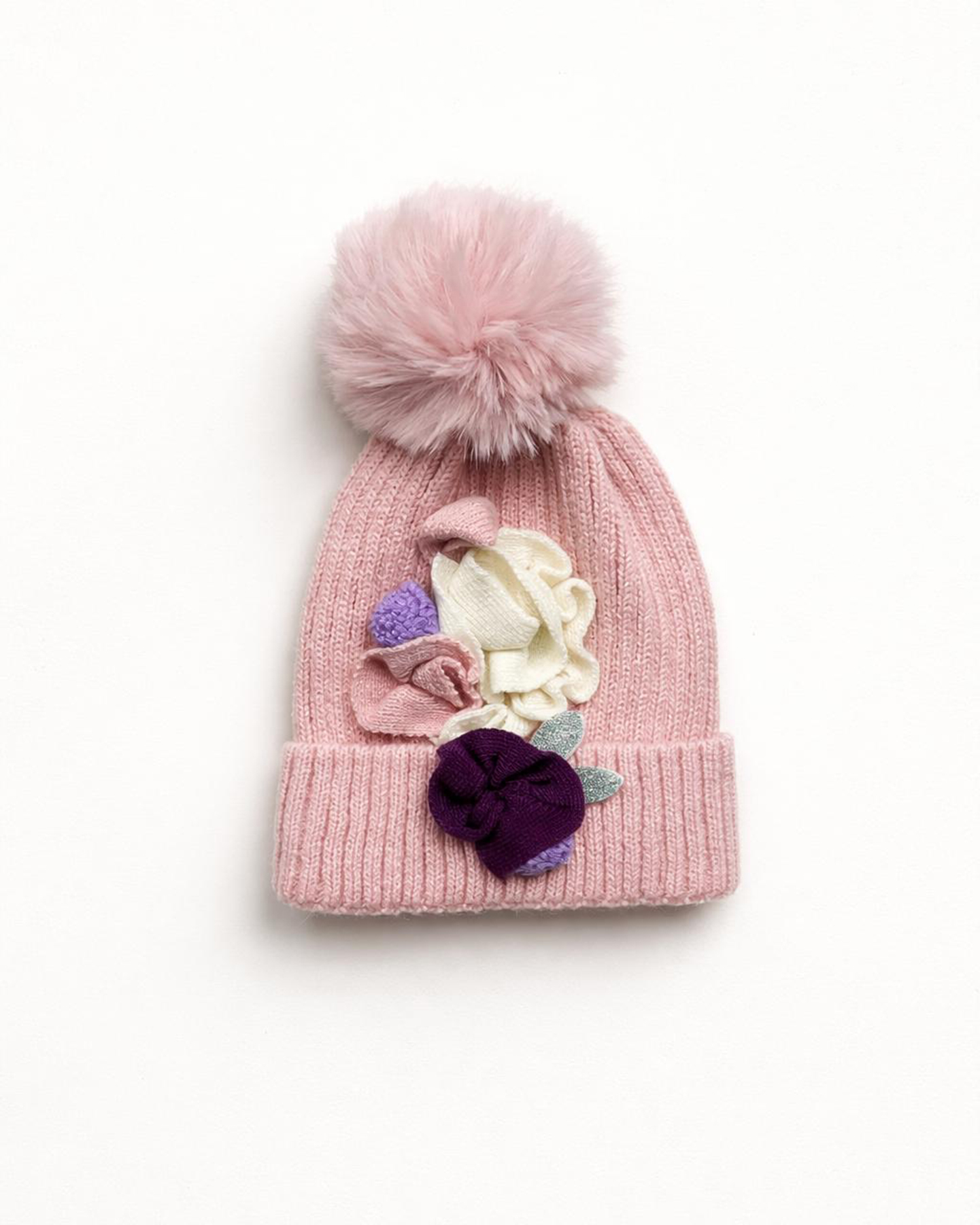 Girl’s Pom-Pom Beanie with Flower Details – Ages 1–4 - Image 4