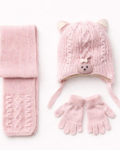 Kız Çocuk 3'lü Bere Eldiven Atkı Seti - Pembe -1-4 Yaş