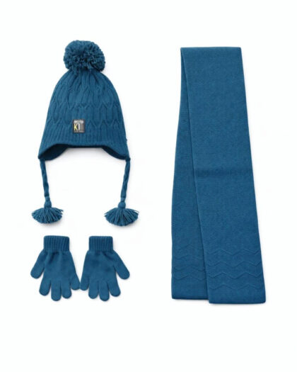 Erkek Çocuk 3'lü Şapka Bere Eldiven Seti - Mavi- 1-4 Yaş
