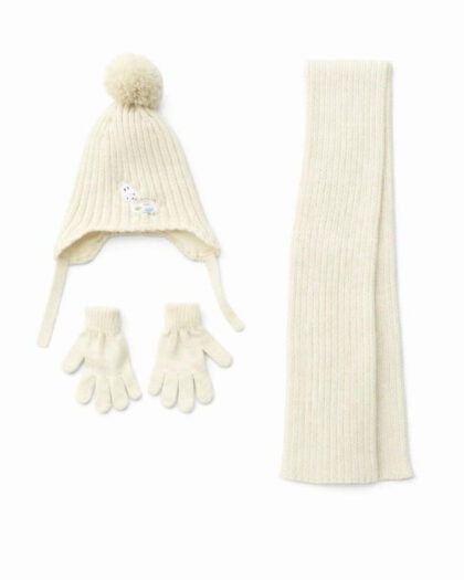 Kız Çocuk 3'lü Bere Eldiven Atkı Seti - Bej -1-4 Yaş