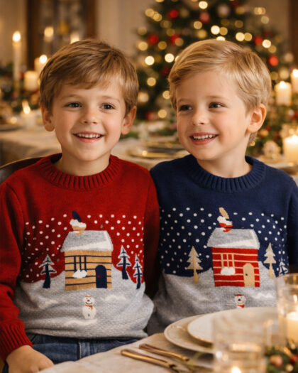 Çocuk Yılbaşı Desenli Lacivert Triko Kazak