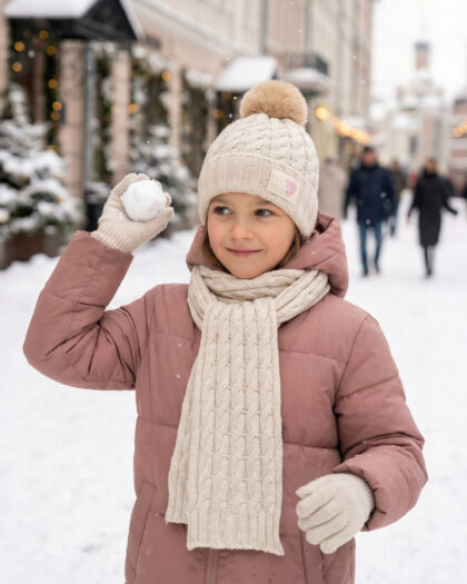 Kız Çocuk 3'lü Bere Eldiven Atkı Seti - Bej- 8-12 Yaş