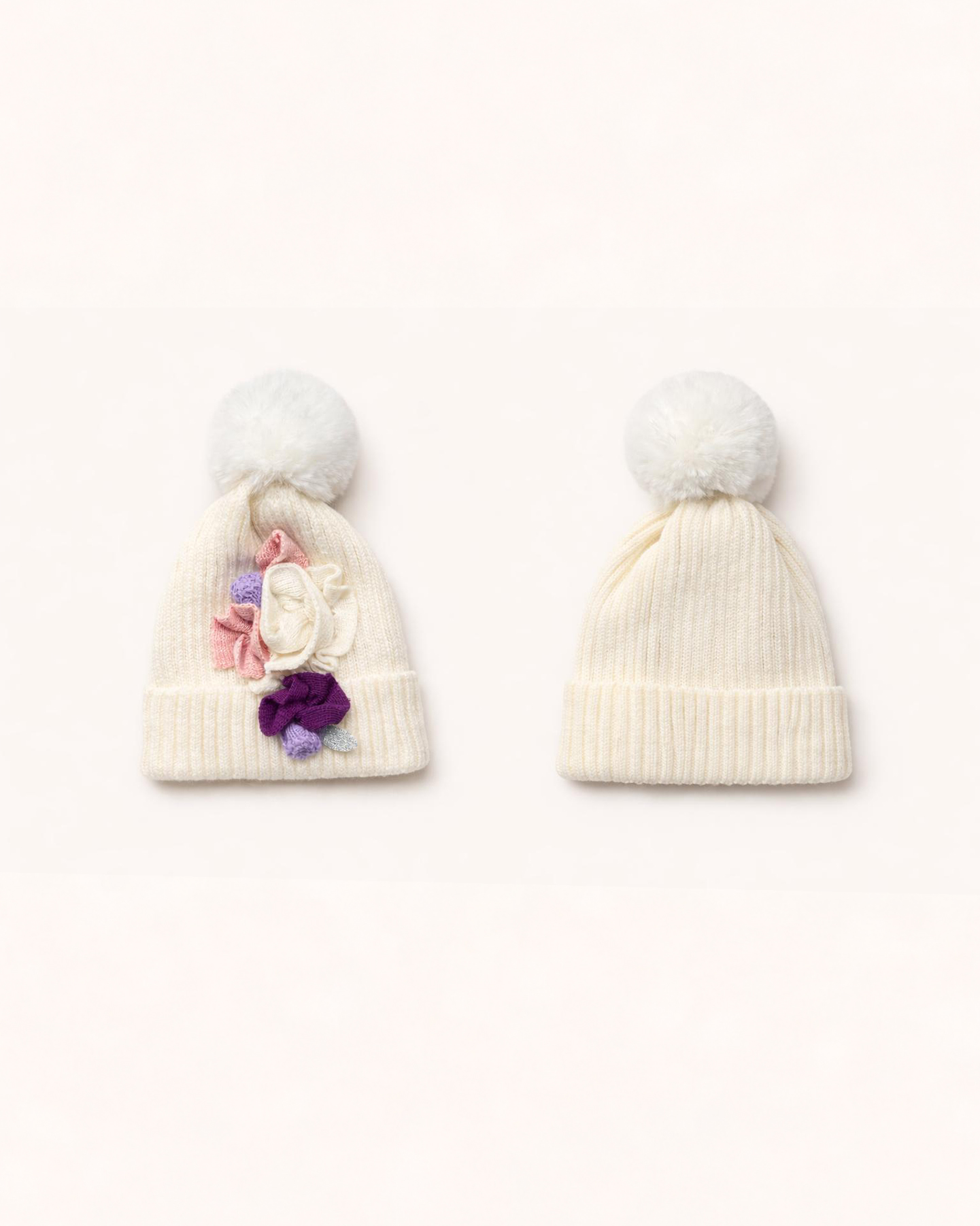 Girl’s Pom-Pom Beanie with Flower Details – Ages 1–4 - Image 3