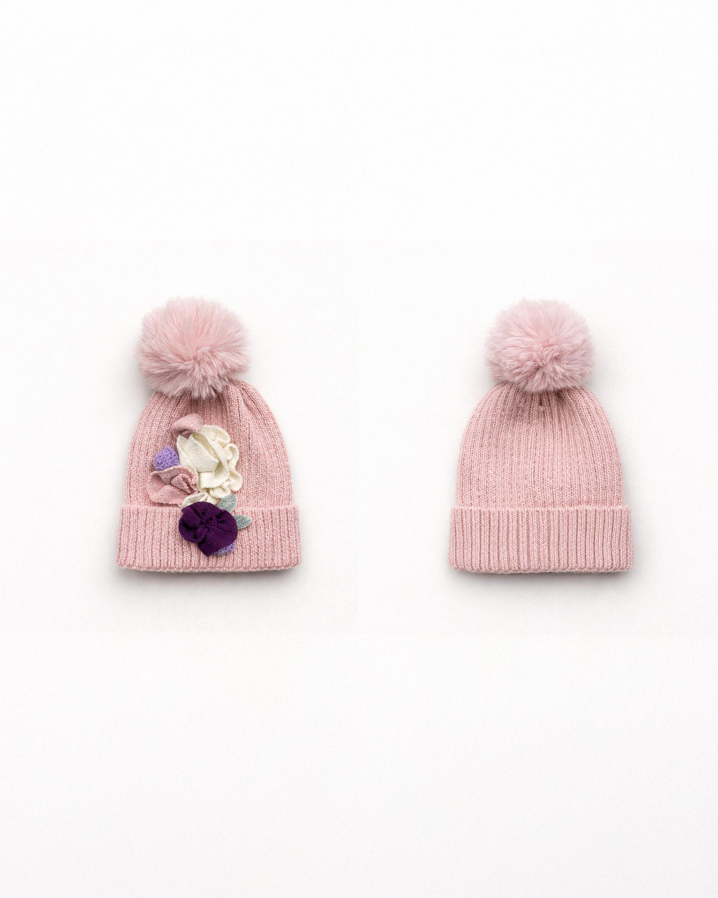 Girl’s Pom-Pom Beanie with Flower Details – Ages 1–4 - Image 2