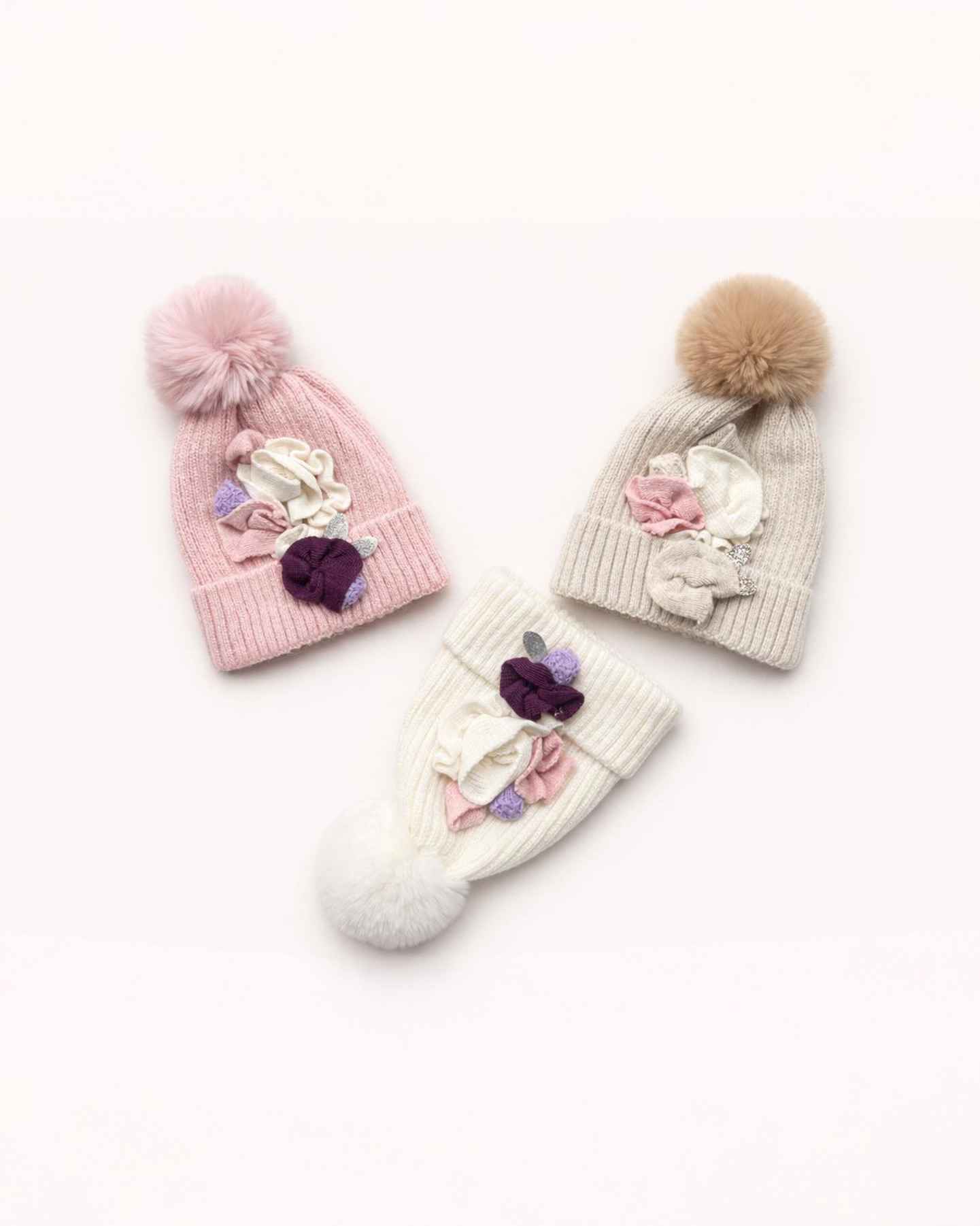 Girl’s Pom-Pom Beanie with Flower Details – Ages 1–4