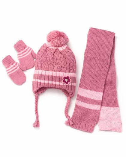 Kız Çocuk 3'lü Bere Eldiven Atkı Seti - Pembe -3-6 Yaş