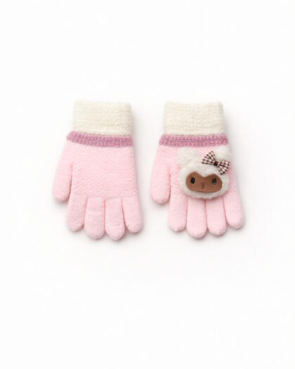 Kız Çocuk Ayıcık Figürlü Krem-Pembe Desenli Eldiven - 3-6 Yaş