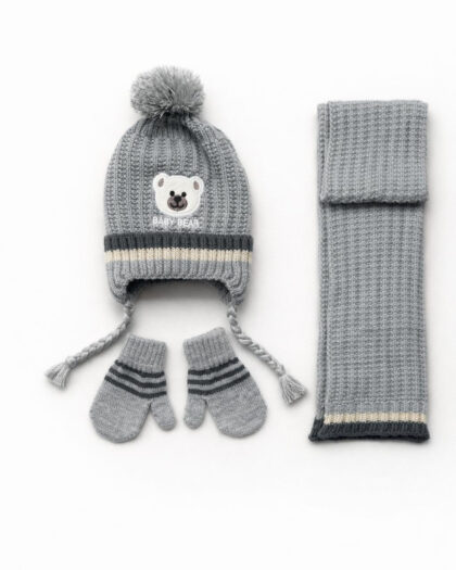 Erkek Çocuk 3'lü Şapka Bere Eldiven Seti - Gri- 3-6 Yaş