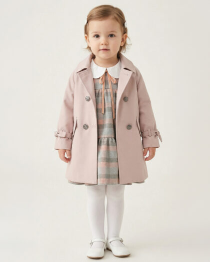 Zarif Düğme Detaylı Kız Çocuk Kaban & Elbise Kombini