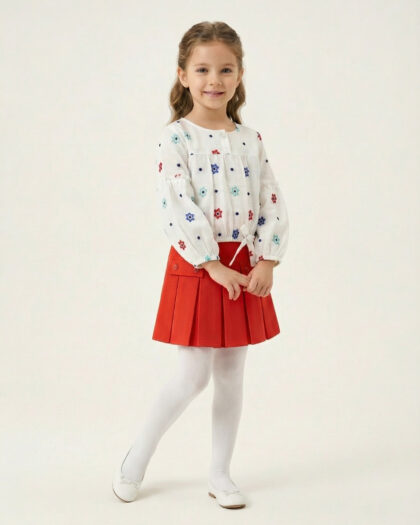 Kız Çocuk Pileli Kırmızı Etek ve Çiçekli Bluz Kombin Takımı