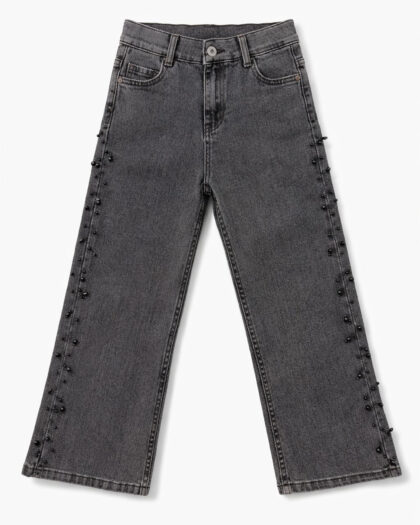Kız Çocuk İnci Detaylı İspanyol Paça Füme Jean Pantolon
