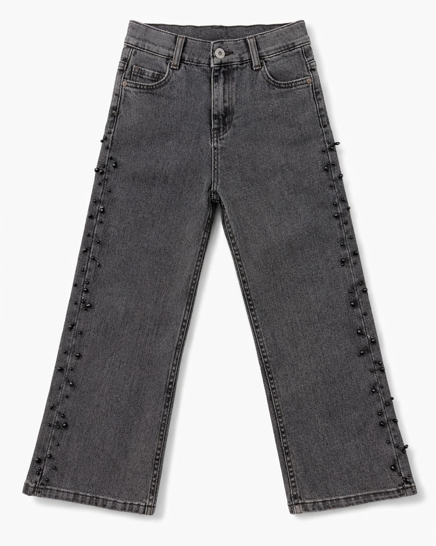 Kız Çocuk İnci Detaylı İspanyol Paça Füme Jean Pantolon