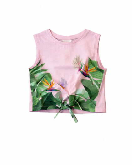 Kız Çocuk Pembe Bağcık Detaylı Desenli Tshirt