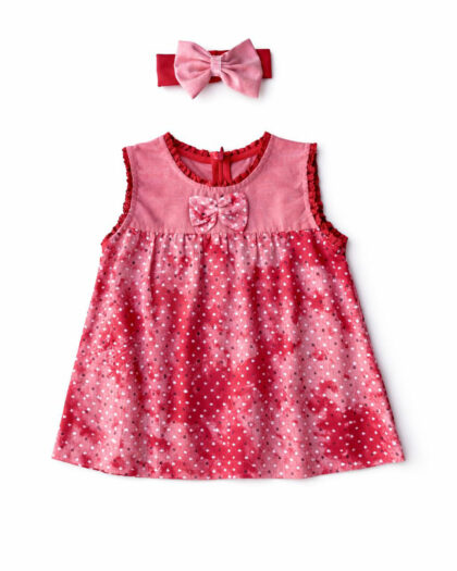 Kız Bebek Kırmızı Renk Fiyonk Detaylı Bandana Hediyeli Elbise