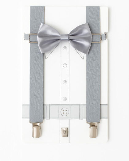 Erkek Çocuk 2-6 Yaş Ayarlanılabilir Metal Tokalı Pantolon Askısı ve Papyonlu Gri Takım