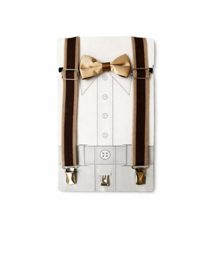 Erkek Çocuk 2-6 Yaş Ayarlanılabilir Metal Tokalı Pantolon Askısı ve Papyonlu Kahverengi Takım