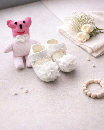 Kız Bebek Yenidoğan Güllü Saten Patik Ayakkabı 0-6 Ay