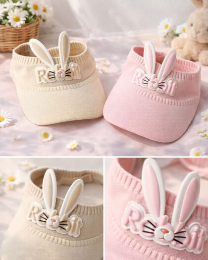 Kız Çocuk Tavşan Figürlü Lastikli Tepesi Açık Şapka 3-6 Yaş