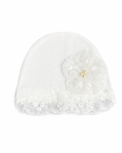 Kız Bebek İncili Beyaz Dantelli Yenidoğan Şapka