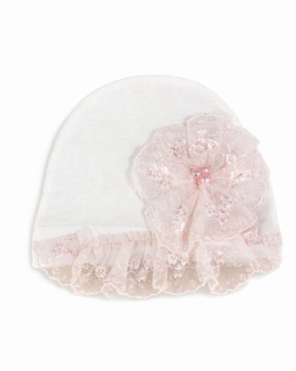 Kız Bebek İncili Pembe Dantelli Yenidoğan Şapka