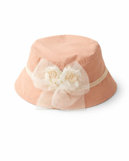 Kız Bebek Somon Renk Çiçekli Tül Fiyonk Detaylı Yazlık Şapka 4-7 Yaş 52 cm
