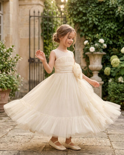 Kız Çocuk Krem Maxi Boy Gül Detaylı Abiye Elbise 6-7-8-9-10 Yaş