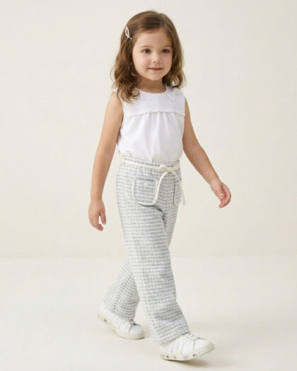 Kız Çocuk Lastikli Çizgi Detaylı Bol Paça Penye Pantolon