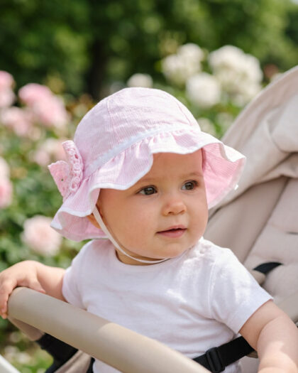 Kız Bebek Pudra Pembe Fırfırlı Bağcıklı Yazlık Şapka
