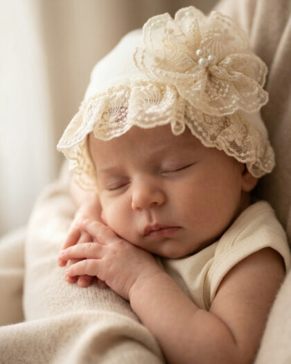 Kız Bebek İncili Krem Dantelli Yenidoğan Şapka