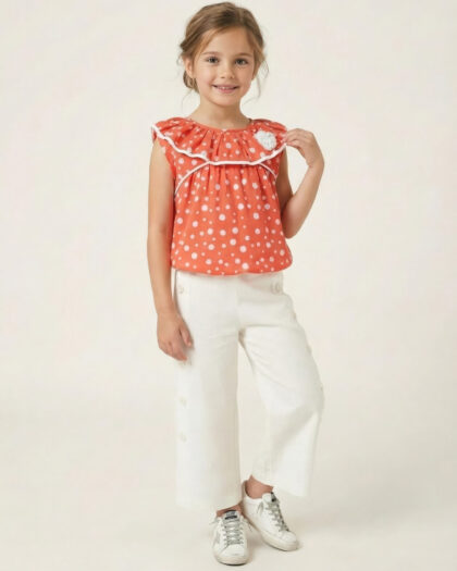 Kız Çocuk Puantiyeli Turuncu Bluz ve Ekru Bol Paça Pantolon Takımı