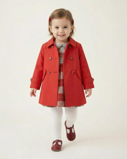 Kız Bebek Kırmızı Trençkotlu Ekose Elbise Kombin Takımı