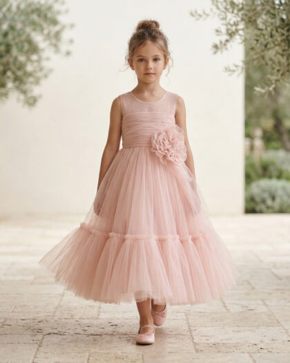 Kız Çocuk Pembe Eteği Tütülü Pamuk Prenses Abiye Elbise 6-7-8-9-10 Yaş