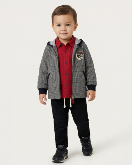 Erkek Bebek Kırmızı Gömlekli Kapüşonlu Ceket ve Siyah Pantolon Takımı