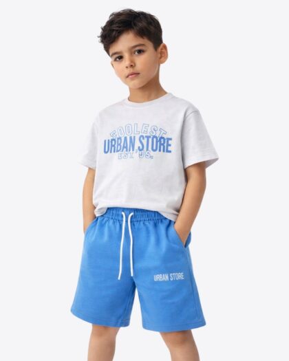 Erkek Çocuk Baskılı Mavi Şortlu İkili Takım