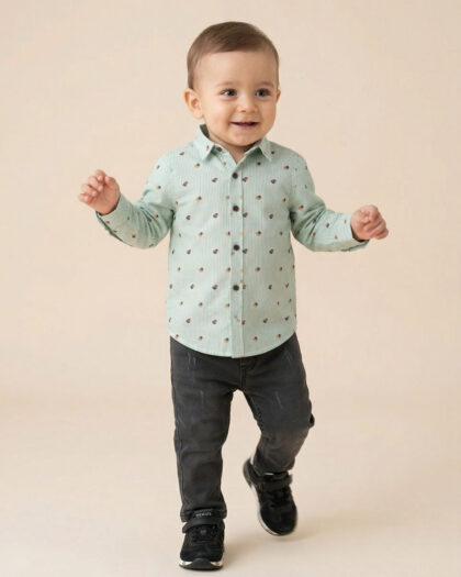 Erkek Bebek Desenli Mint Yeşili Gömlek Ve Jean Pantolon Seti