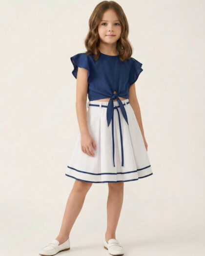Kız Çocuk Lacivert Bağlamalı Bluz ve Beyaz Pileli Etek Takımı – Şık ve Rahat Yazlık Kombin