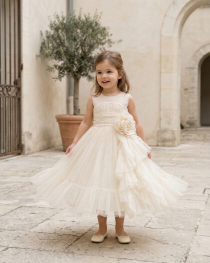 Kız Çocuk Krem Midi Boy Gül Detaylı Abiye Elbise 3-4-5 Yaş