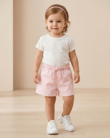 Kız Bebek Bandana Hediyeli Beli Lastikli Pembe Şort