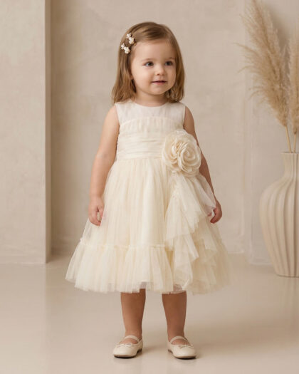Kız Bebek Krem Midi Boy Gül Detaylı Krem Abiye Elbise