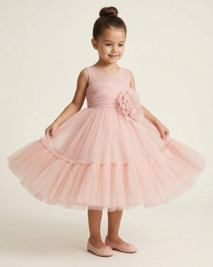 Kız Çocuk Midi Boy Pembe Eteği Tütülü Pamuk Prenses Abiye Elbise 3-4-5 Yaş