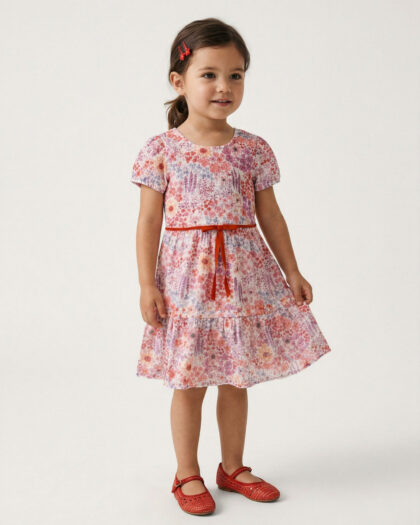 Kız Çocuk Çiçek Desenli Kısa Kollu, Beli Kuşaklı, Yazlık Rahat Elbise