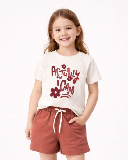 Kız Çocuk Baskılı Kiremit Rengi Şortlu İkili Takım